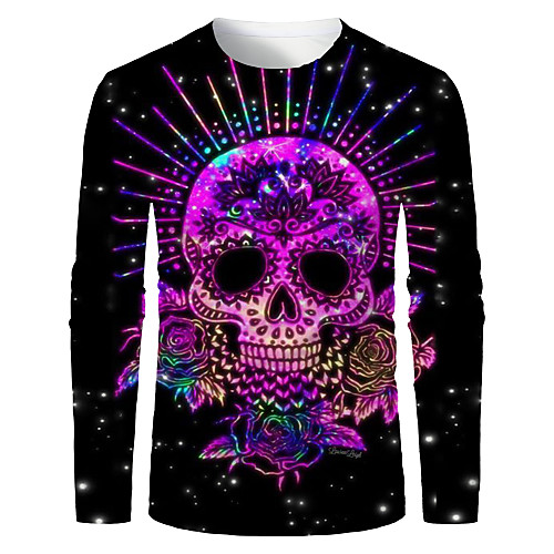 

Men's T shirt 3D Print Graphic 3D Skull Print Long Sleeve Halloween Tops Purple