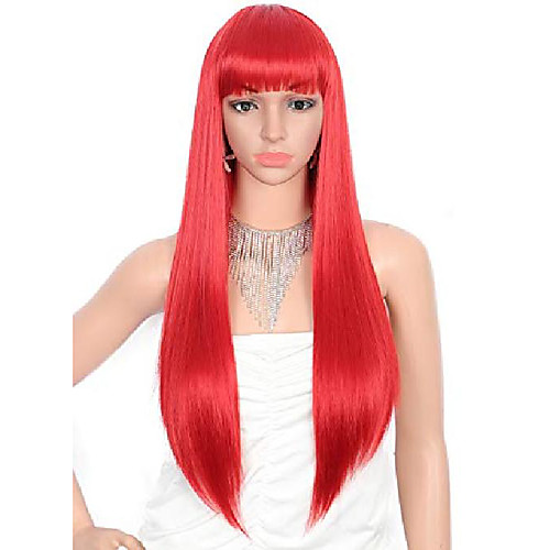 

28 inches women's silky long straight red wig heat resistant synthetic wig with bangs hair wig for women