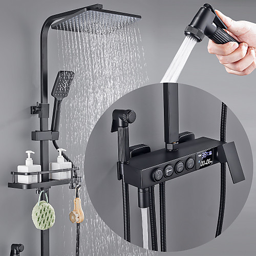 

Shower System with LED Display Thermostatic Mixer valve Set - Handshower Included Pullout/Shelf Rainfall Shower Electroplated Mount Outside Ceramic Valve Bath Shower Mixer Taps