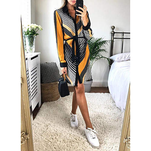

Women's A Line Dress Knee Length Dress Blue Yellow Green Long Sleeve Print Print Fall Shirt Collar Casual 2021 S M L XL XXL