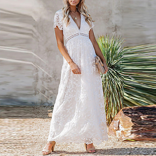 

Women's Swing Dress Maxi long Dress White Short Sleeve Solid Color Lace Patchwork Fall V Neck Elegant 2021 S M L XL