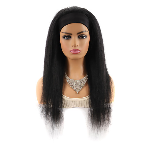 

Human Hair Blend Wig Long kinky Straight Middle Part Black Party Women Natural Capless Women's Natural Black #1B 22 inch