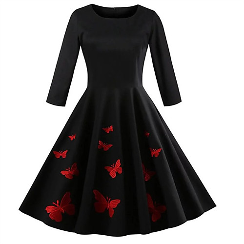

Women's Swing Dress Knee Length Dress Black Long Sleeve Print Patchwork Print Fall Spring Round Neck Elegant Vintage 2021 S M L XL XXL