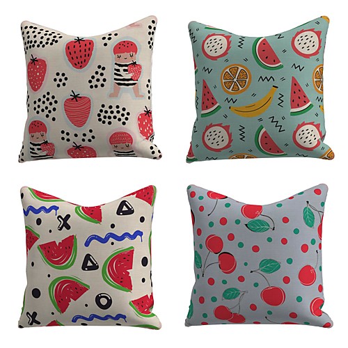 

Set of 4 Linen Cotton / Linen Pillow Cover Pillowcase Sofa Cushion Square Throw Pillow Strawberry Cherry Watermelon Banana Print Pillows Case 4545cm