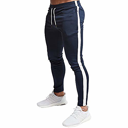 

men's stripe workout pants tapered joggers slim fit sweatpants zipper pocket(navy m/tag xl)