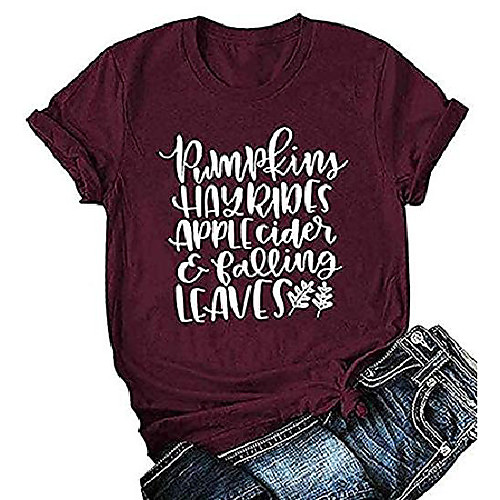 

women halloween shirt pumpkins falling leaves t shirt fall graphic print shirt size m (red)