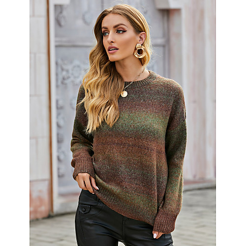

Women's Basic Striped Color Block Pullover Long Sleeve Sweater Cardigans Crew Neck Fall Winter Brown