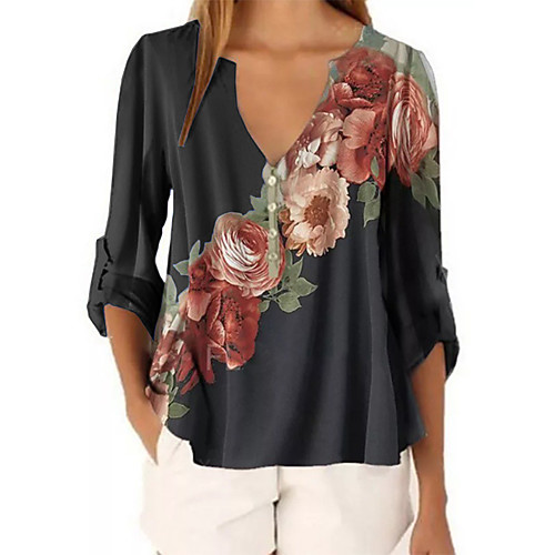 

Women's T shirt Floral Flower Long Sleeve Print V Neck Tops Basic Basic Top White Black Blue