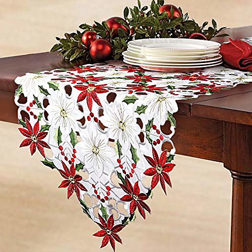 

Christmas Table Runner Poinsettia Holly Leaf Embroidered Table Linens For Christmas Table Decoration 15 X 70 Inch