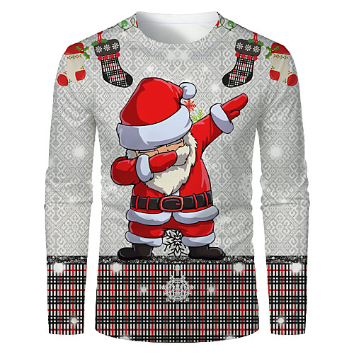 

Men's Christmas T shirt 3D Print Graphic 3D Print Long Sleeve Tops Round Neck Gray