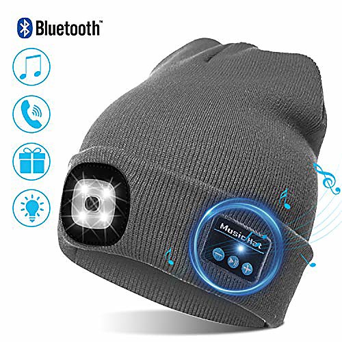 

usb bluetooth music hat led beanie cap, lighting & flashing modes, built-in stereo speaker and mic, headlamp headphone beanie christmas gift, unisex winter warm knit cap for sports outdoors