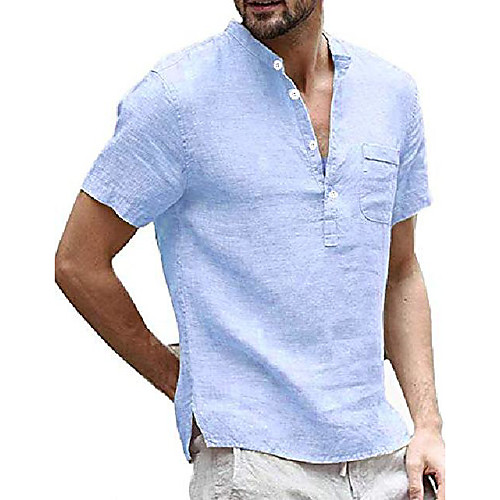 

Men's Shirt Solid Color Pocket Short Sleeve Street Tops Cotton Lightweight Casual / Daily Breathable Henley Light Blue Almond Green / Beach