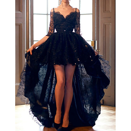 

A-Line Beautiful Back Floral Engagement Cocktail Party Dress Spaghetti Strap 3/4 Length Sleeve Asymmetrical Tulle with Lace Insert 2021