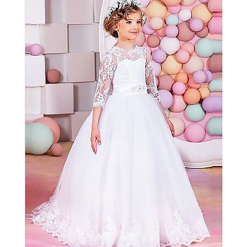 

Princess / Ball Gown Floor Length Party / Wedding Flower Girl Dresses - Lace / Tulle Half Sleeve Jewel Neck with Sash / Ribbon / Bow(s) / Solid
