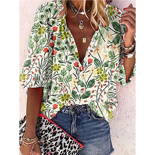 

Women's Blouse Shirt Floral Patchwork Print V Neck Tops Basic Basic Top White