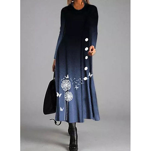

Women's Shift Dress Maxi long Dress Blue Long Sleeve Animal Button Print Fall Winter Round Neck Casual 2021 M L XL XXL 3XL