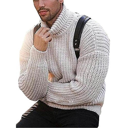 

Men's Knitted Solid Color Pullover Acrylic Fibers Long Sleeve Sweater Cardigans Turtleneck Fall Winter Beige