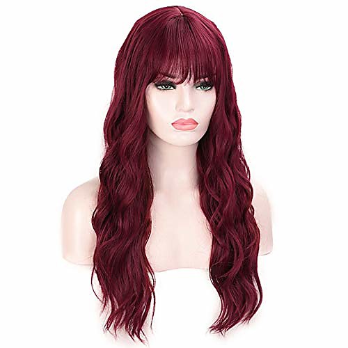 

long wavy with bangs synthetic wigs, burgundy wig with bangs silky full heat resistant synthetic wig for women daily party 24inch (burgundy)