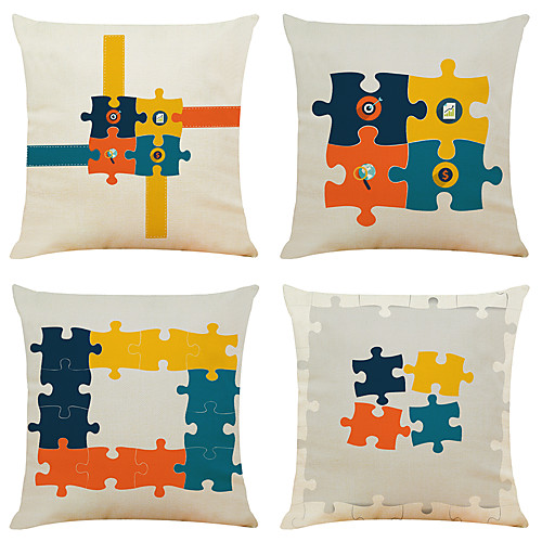 

Set of 4 Personality Puzzle Linen Square Decorative Throw Pillow Cases Sofa Cushion Covers 18x18
