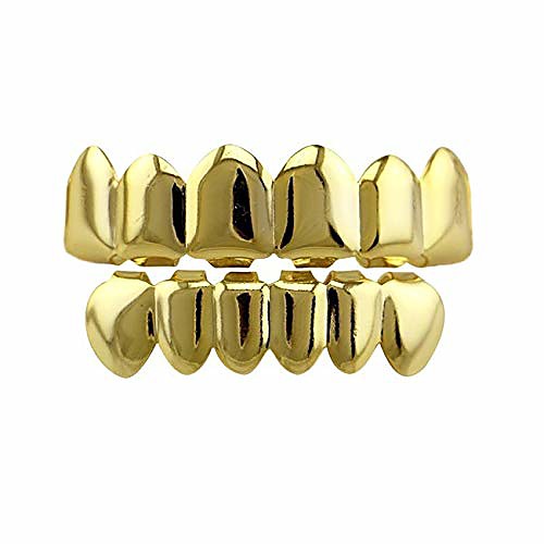 

24k gold plated hip hop punk custom fit teeth grillz caps top & bottom grill set removable (gold)