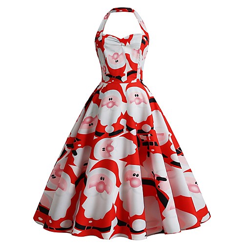 

Women's Swing Dress Midi Dress White Black Red Yellow Wine Green Sleeveless Print Backless Print Fall Halter Neck Elegant Vintage Christmas 2021 S M L XL XXL