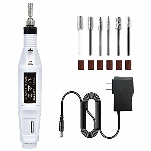 

electric nail drill, professional portable pen shape electric nail drill manicure filer kit with 6 bits and sanding bands for grinding polishing nail removing, acrylic nail tools white