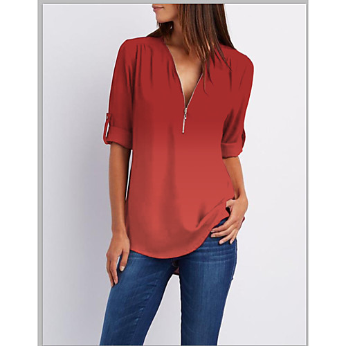 

seaintheson womens short sleeve tops,casual deep v neck chiffon solid t-shirt 3/4 roll sleeve zipper tunic shirt blouses