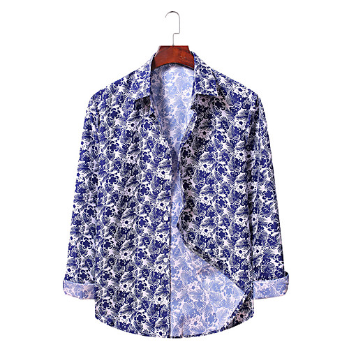 

Men's Shirt Other Prints Graphic Patchwork Long Sleeve Daily Tops Cotton Basic White Blue Red