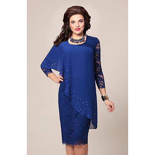 

Women's Shift Dress Knee Length Dress Blue Green Navy Blue 3/4 Length Sleeve Solid Color Embroidered Lace Patchwork Fall Winter Round Neck Elegant Sexy 2021 S M L XL XXL 3XL 4XL 5XL