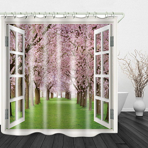 

Green Grass Peach Blossom Tree Digital Printing Shower Curtain Hooks Modern Polyester New Design