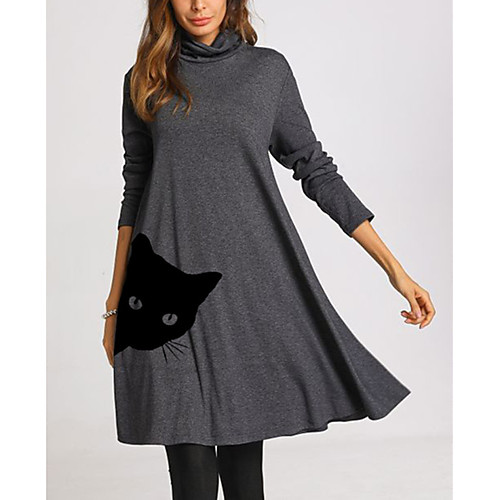 

Women's Swing Dress Knee Length Dress Long Sleeve Print Cat Patchwork Print Fall Spring Casual 2021 Dusty Blue Gray S M L XL XXL