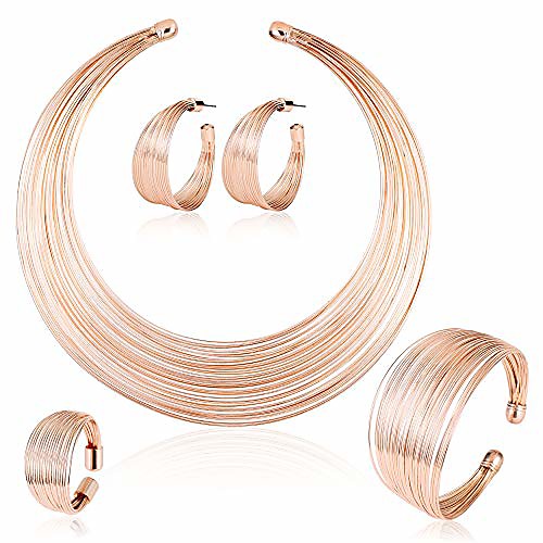 

rose gold plated african multiple strands choker women necklace bracelet earrings ring chunky jewelry set for women statement costume party show accessories