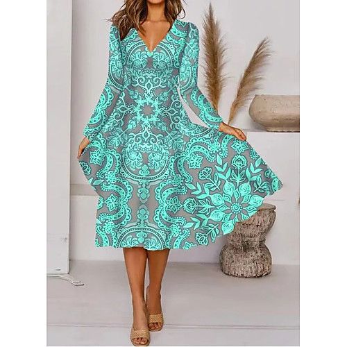 

Women's A Line Dress Midi Dress Green Long Sleeve Floral Print Fall V Neck Elegant 2021 M L XL XXL 3XL