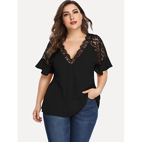 

Women's Going out Sexy Plus Size Blouses Blouse Shirt Solid Colored Patchwork Lace Trims V Neck Tops Sexy Basic Top Black Red Yellow