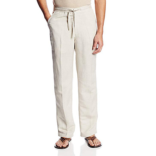 

mens pants beach casual summer elastic waist 65% Cotton Straight drawstring loose fit trousers with pockets Solid Color