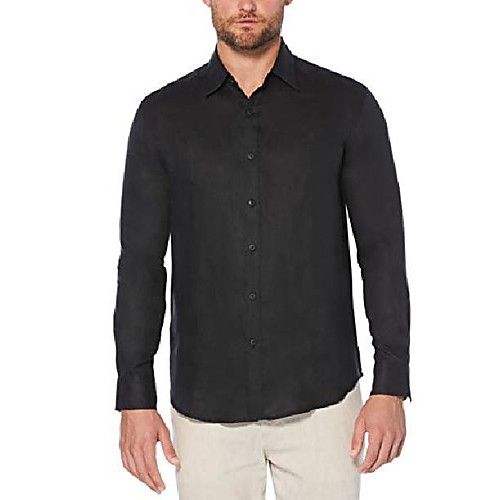 

men's long sleeve linen tucking shirt, jet black, large