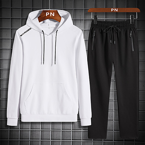 

Men's 2 Piece Tracksuit Sweatsuit Long Sleeve 2pcs Spandex Thermal Warm Soft Fitness Gym Workout Running Walking Jogging Sportswear Solid Colored Hoodie and Pants Clothing Suit Hoodie White Black