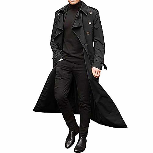 

mens long breasted trench coat casual lapel men's long sleeve windbreaker overcoat jacket black