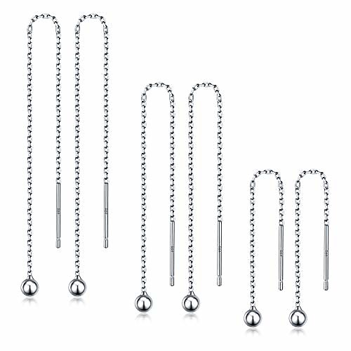 

3 pairs long chain earrings 925 sterling silver 3mm ball threader drop earrings for women
