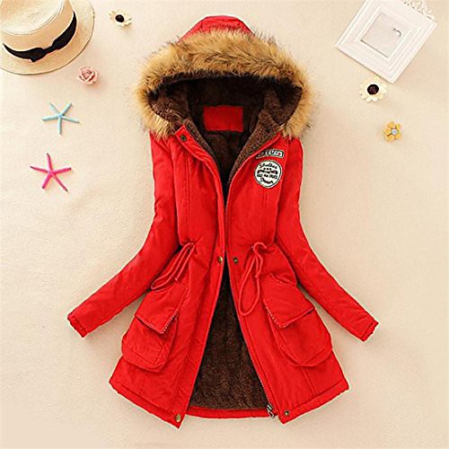 

womens warm long coat cardigan sweater fur collar hooded jacket slim winter parka outwear coats (2xl, red)