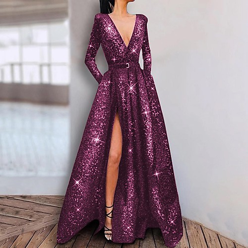 

Women's Swing Dress Maxi long Dress Purple Long Sleeve Solid Color Sequins Patchwork Fall V Neck Elegant Sexy 2021 S M L XL XXL