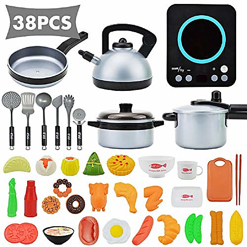 

38 pcs kitchen cooking toy set, kitchen pretend playsets, including induction cooker with light sound, cookware utensils, food playset accessories for toddlers girls boy birthday gift black