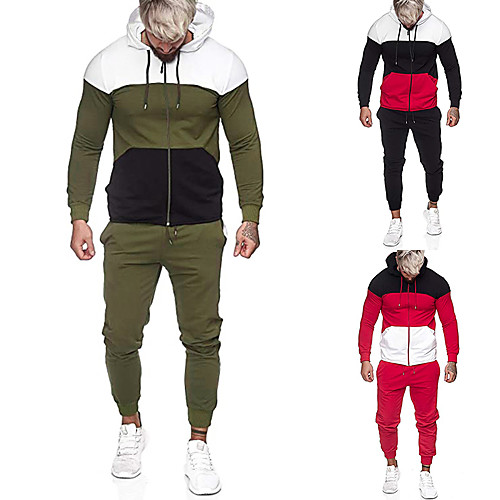 

Men's Activewear Set Color Block Hooded Going out Casual Hoodies Sweatshirts Long Sleeve Black Red Green