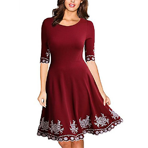 

women's vintage scoop neck embroidered half sleeve casual swing dress,wine red,small