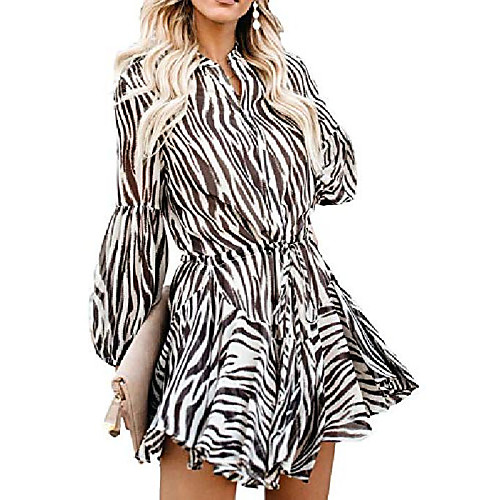 

women's floral boho v-neck button down long sleeve ruffle elastic waist printed mini dress beach sundress (small, zebra)
