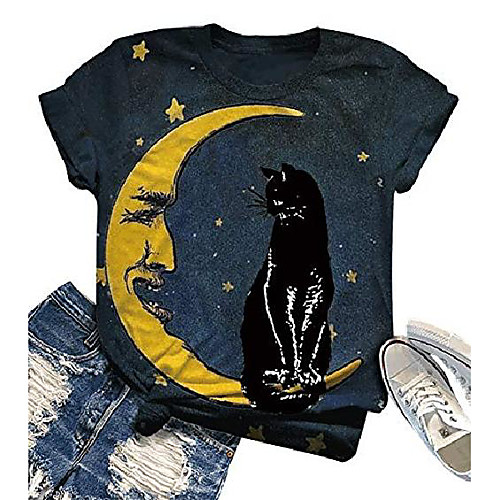 

women stay wild moon child star black cat starry sky tie dye t-shirt fashion short sleeve tee