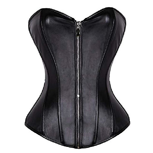 

classic faux leather overbust corset bustier top lingerie boned zipper front retro black waist cincher for women