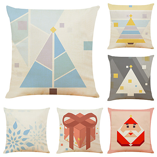 

Set of 6 Christmas Geometry Linen Square Decorative Throw Pillow Cases Sofa Cushion Covers 18x18