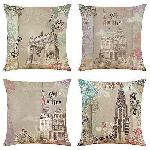 

Set of 4 Retro Building Linen Square Decorative Throw Pillow Cases Sofa Cushion Covers 18x18