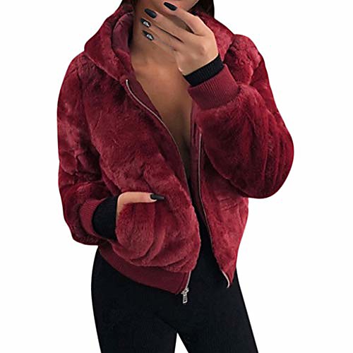 

women warm fleece hooded jacket soft faux fur zip up fuzzy sherpa hoodie jacket coat with 2 pockets red